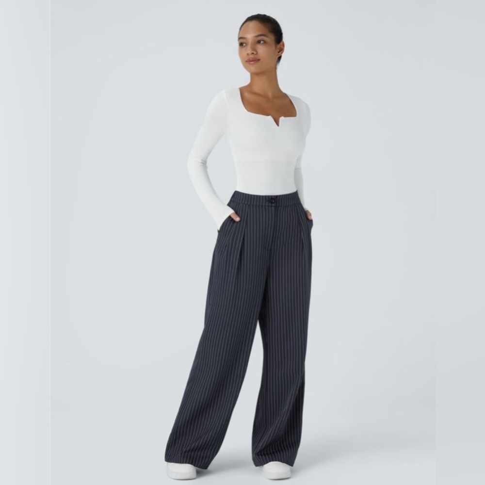 Halara High Waisted Slit Pocket Wide Leg Striped Work Pant NWT Size M